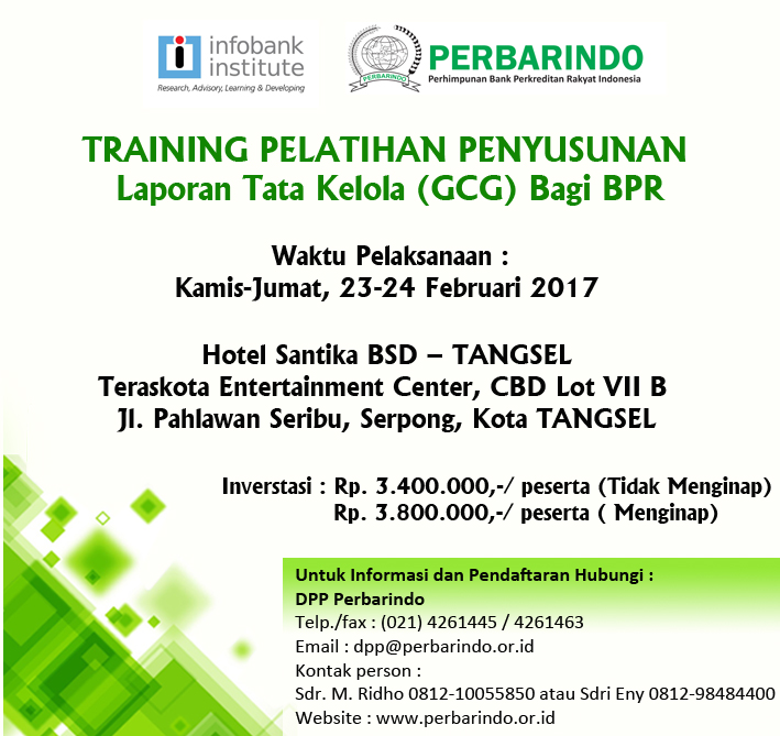 2 Days Training, Pelatihan Penyusunan Laporan Tata Kelola (GCG) Bagi BPR Training Infobank